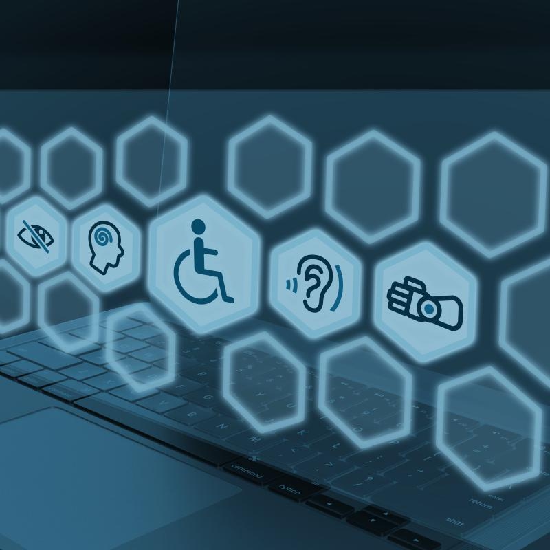 Graphic image of digital accessibility for disabilities: visual, cognitive, physical impairments, deafness, and prosthetics icons symbolizes compliance.